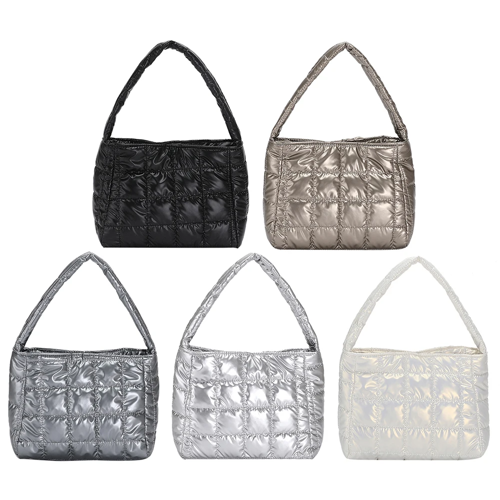 

Quilted Cotton Padded Tote Embroidered Plaid Cotton Tote Bag Simple Soft Lightweight Portable Solid Color for Weekend Vacation