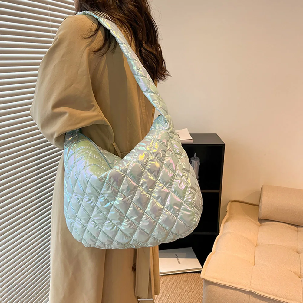 Autumn Winter Ladies Tote Handbags Large-capacity Cotton Padded Top-handle Bags Laser Multicolor for Travel Work for Daily Life