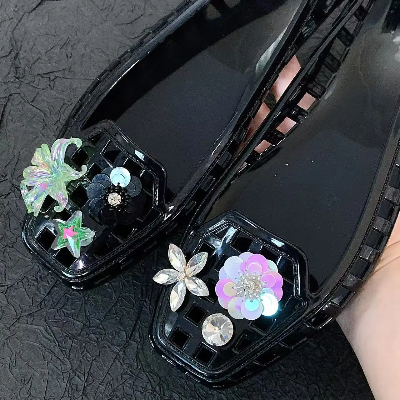 Jelly Crystal Shoes for Women, Summer Square-Toed Women's Shoes, Rainstone Flower Set Accessories, Crystal Clogs, Sandals, Jelly Shoes, Slip-On Slippers view 5