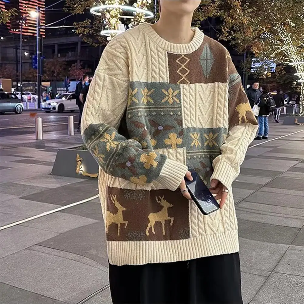 Sweater pria musim gugur musim dingin, Sweater rajutan pria lembut leher bulat tebal lengan panjang cetak kepingan salju rusa berwarna gaya Natal