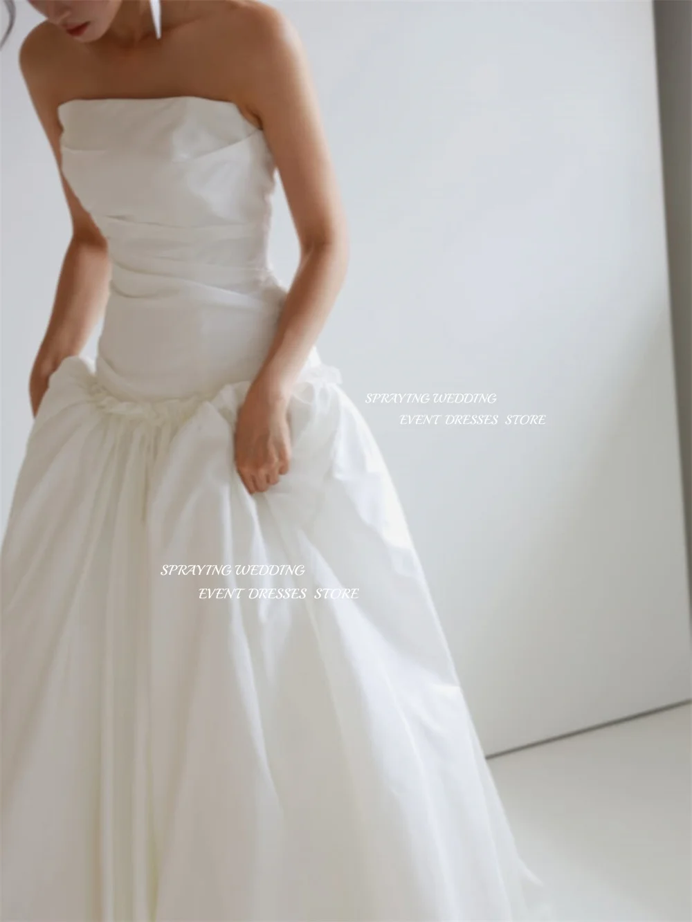 SPRAYING Einfaches elfenbeinfarbenes Taft-Hochzeitskleid, Korea-Fotoshooting, trägerlos, A-Linie, lange Brautkleider, Korsett, maßgeschneidert,  soi