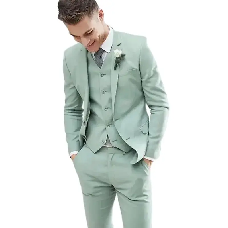 Costume Homme Light Green Men Suits 3 Pcs Notch Lapel Fashion Groom Wedding Terno Masculino Slim Fit Blazer Jacket+Pant+Vest