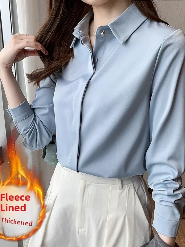 

White Fleece Lined Long Sleeve Shirt Women's Professional Formal Wear Elegant Black Interview Top Autumn Winter Fashion