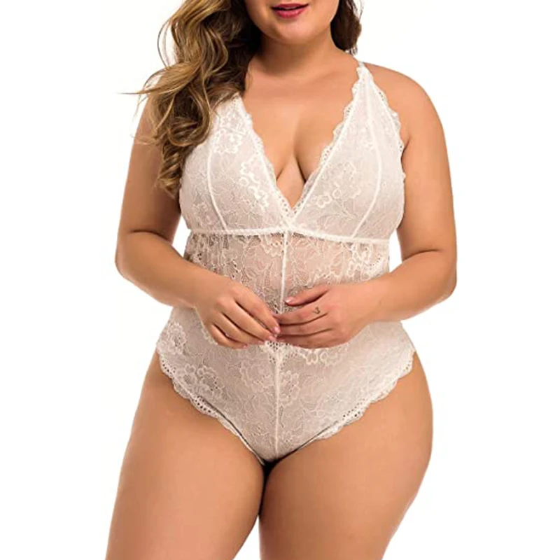 Women Plus Size Lace Bodysuit Teddy Lingerie One Piece Babydoll Clubwear