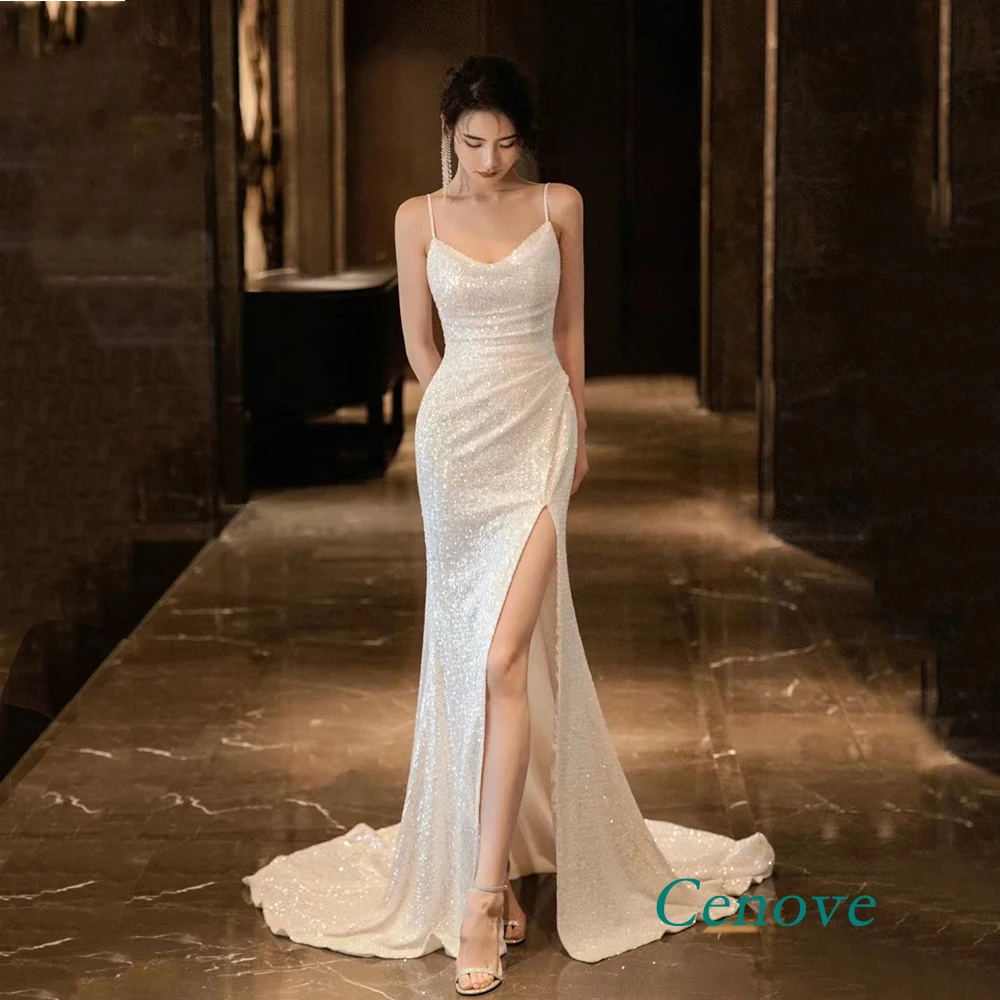 

Cenove White Spaghetti Straps Prom Dress Split Court Train Evening Dress Sequins Elegant Party Dresses For Women 2023