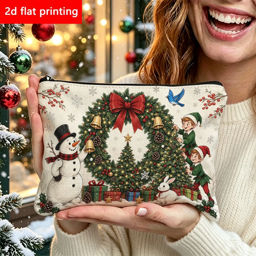 Vintage Christmas Wreath Snowman Elf Xmas Gifts Print Corduroy Cosmetic Bag Women Portable Travel Zipper Makeup Storage Pouch