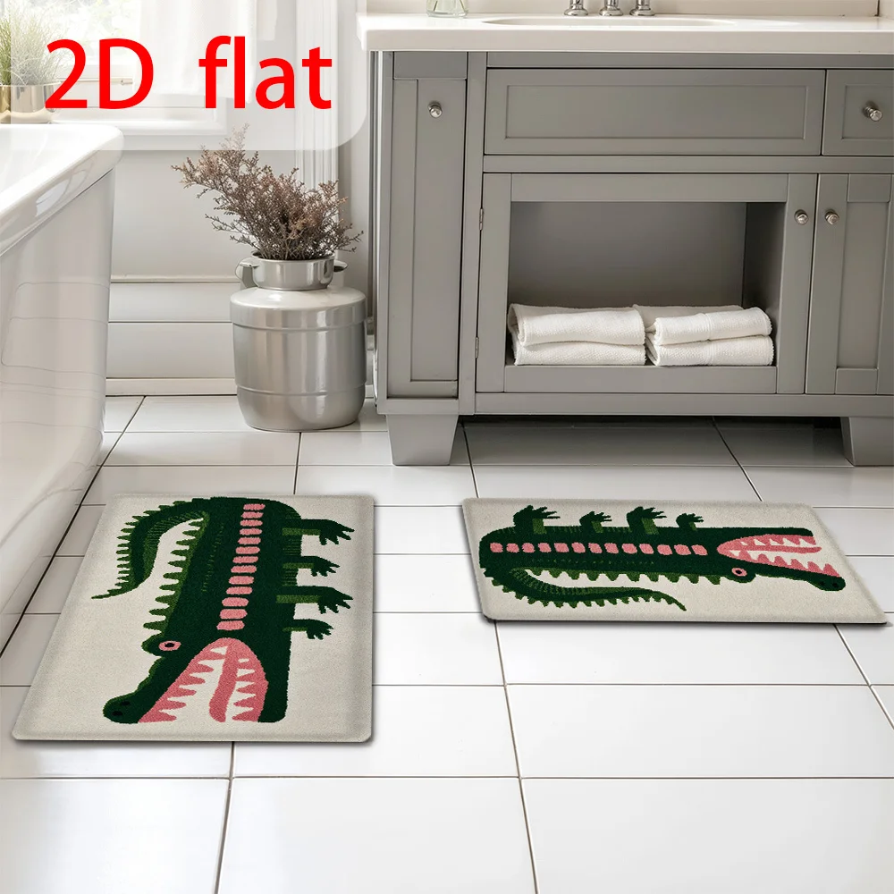 2D Flat Green Crocodile Open Mouth Cartoon Animal Flannel Door Mat Non Slip Funny Kids Rug For Entryway Bathroom Floor Decor