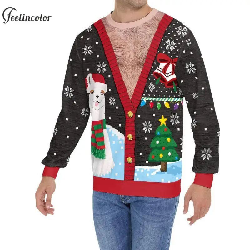 Alpaca feio moletom de natal para homens papai noel elk gráfico pulôver falso duas peças impressão 3d hoodies natal roupas de casal