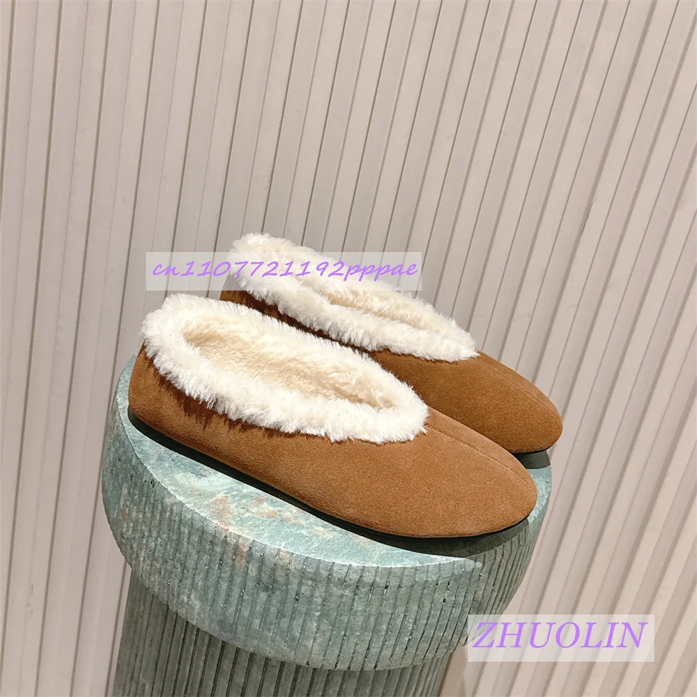 

New Winter Style Brown Furry Shoes Ladies' Fashion Low-Cut Wool-Lined Pumps Trendy Luxury Casual Mules Cow Suede Flat Shoes 40