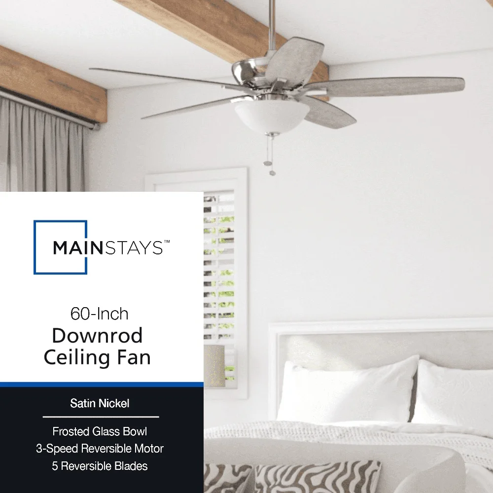 60インチの伝統的なシーリングファン、LEDライト、プルチェーン、リバーシブルブレード、屋内用、5枚羽根デザイン、広い部屋向け