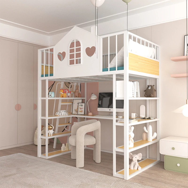 Drap de lit surélevé en fer forgé peu encombrant pour petit appartement, lit superposé supérieur, table inférieure, chambre à coucher, multifonction, vide pour enfants