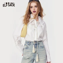 ELFSACK bow lace hollow white blouse lantern sleeve casual lapel cotton blouse fit in spring