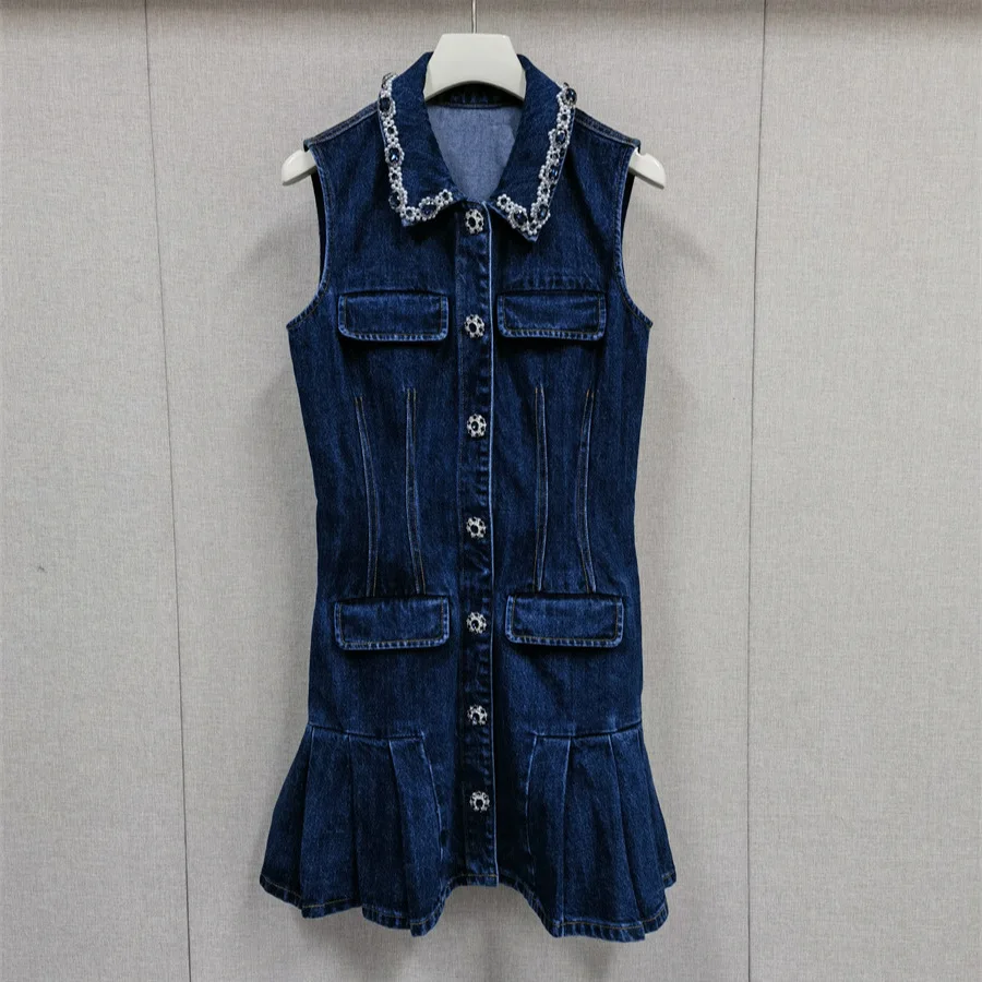 

Retro Sleeveless Denim Skirt Beaded Lapel Pleated Skirt Hem Waist Dress 25 Spring and Summer New Style Birthday Dress for Women
