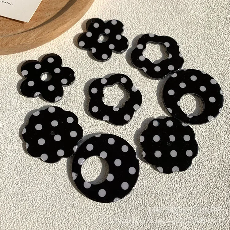 5pcs retro black and white polka dot hollow flower circle acrylic accessories diy earrings headdress jewelry wholesale