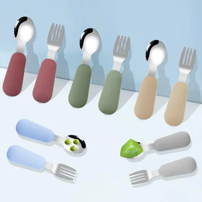 2Pcs/Set Baby Tableware Children Utensil Stainless Steel Toddler Dinnerware Solid Color Infant Food Feeding Spoon Fork Supply