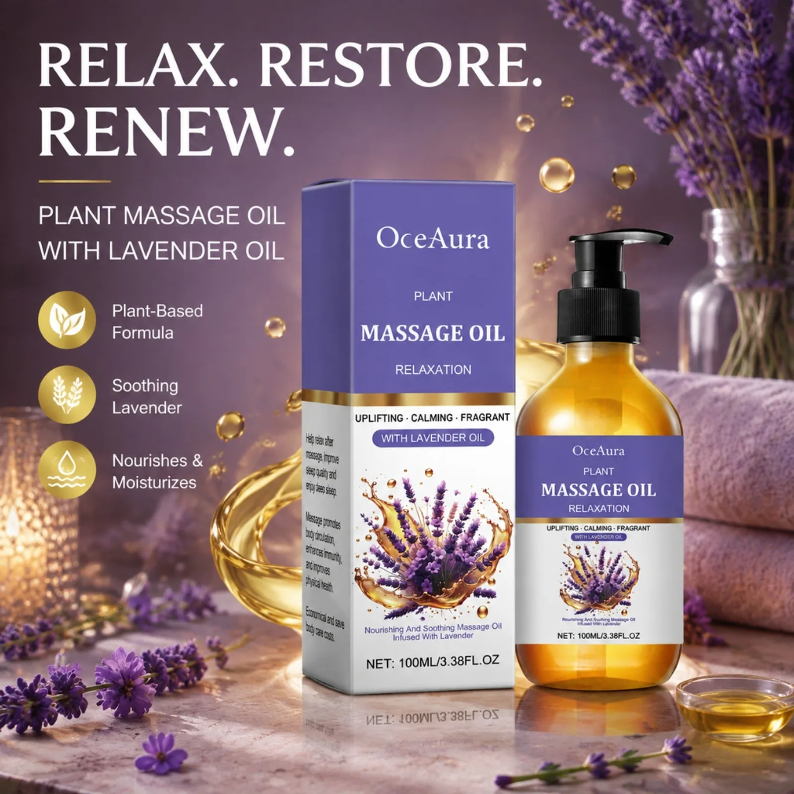 Lavender Massage Oil for Massage Therapy Spa Quality Stress Relief Skin Therapy Oil, Calming & Soothing Massage Skin Care Oil