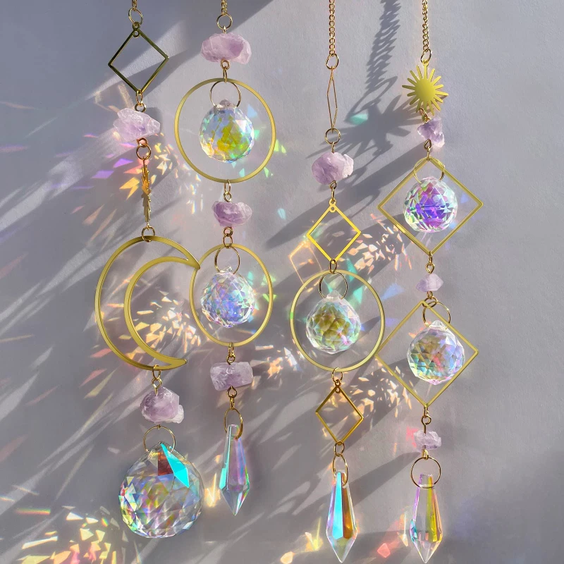 2023 New Crystal Wind Chime Artificial Diamond Prisms Pendant Rainbow Hanging Ornament Home Garden Window Decor Windchime