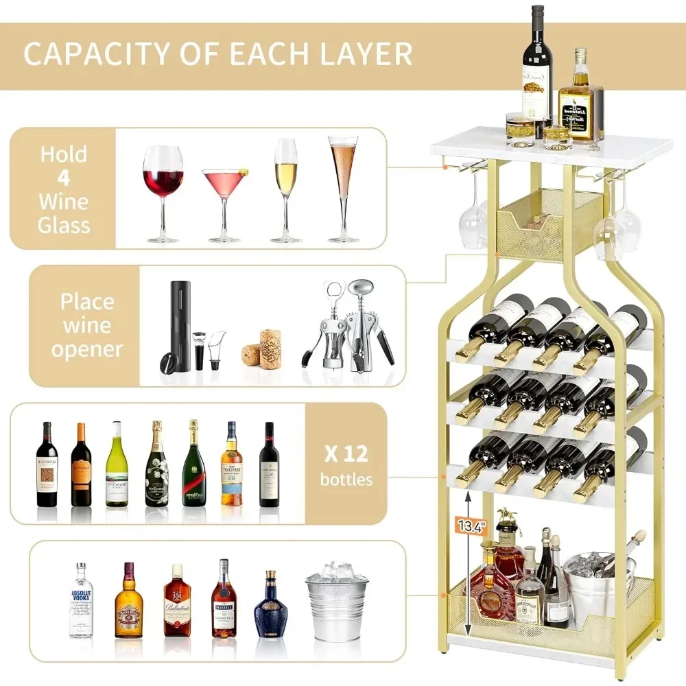 Metal Wine Rack Wine Bottle Holders Stands Freestanding, Storage Organizer Display Rack Table for Bar Kitchen Dining Living Room