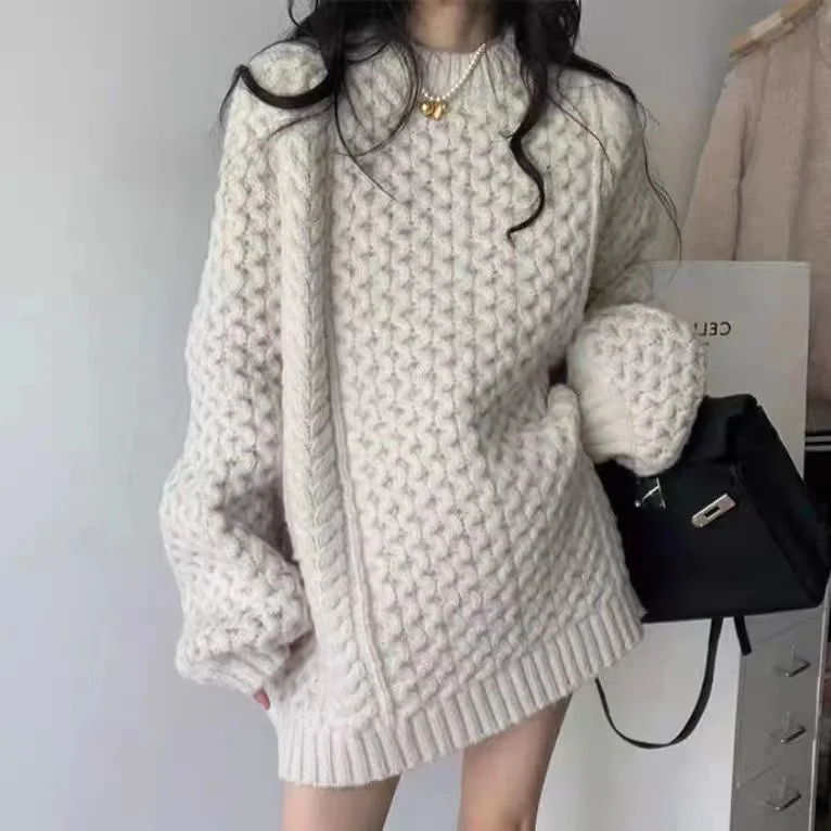 Oversized Knit Twist Pullovers Women Loose Lazy O-Neck Long Sleeve Solid Sweaters 2025 Autumn New Female Casual Street Knitwear