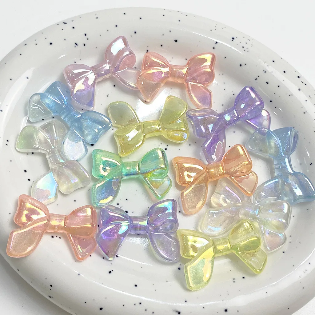 DIY Jewelry Findings 80pcs 24*32mm Glitter UV Coated Acrylic Bow Beads Glow In the Dark Plastic Ribbon Knots Beading Material