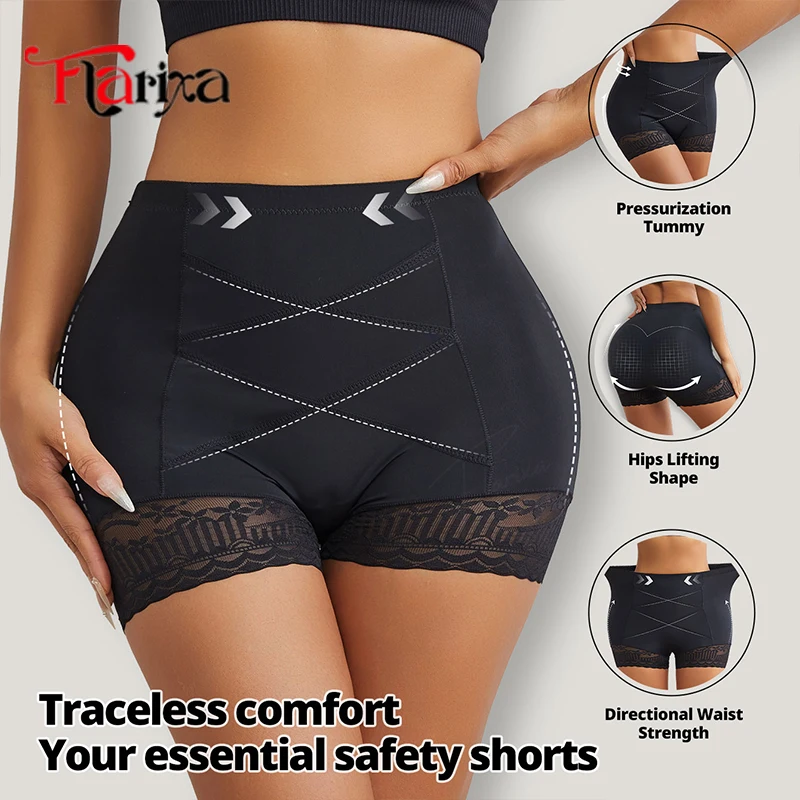 Flarixa Lace Safety Pants Cross Tummy Control Shorts for Women Underpants High Waist Shapewear Stretch Hip Lifting Panties M-3XL