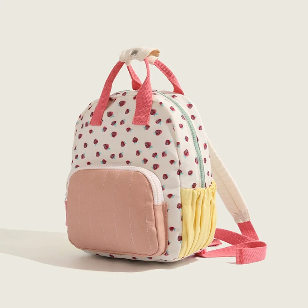New Canvas Strawberry Print Girls Backpack Dopamine Patchwork Color Block Commuter Shoulder Bag