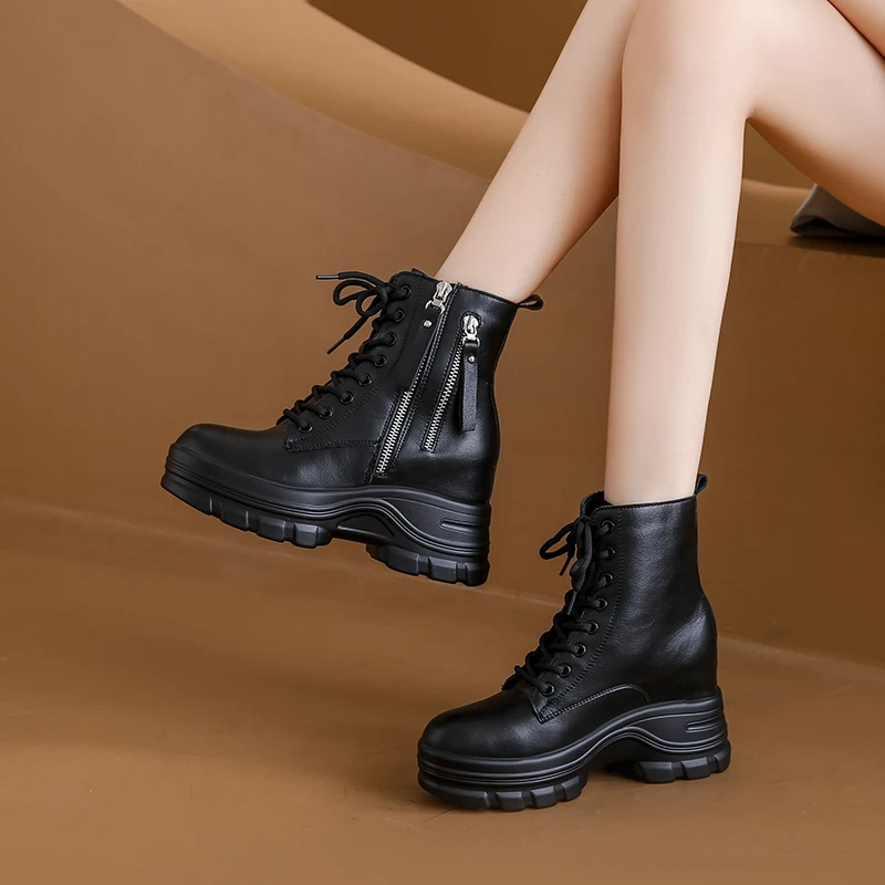 New 2023 Women Platform Ankle Boots Winter Chunky Sneakers Casual Vulcanized Shoes 10CM High Top Leather Short Boots Women Mujer