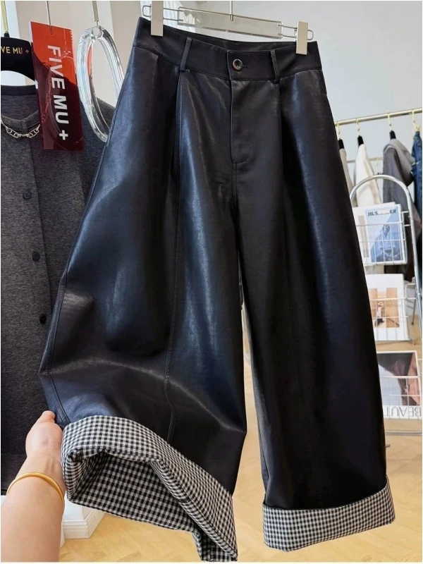 

Large Size Men's Casual Pants PU Leather Cuffed Wide Leg Autumn Winter Plaid Straight Cut Trousers Comfortable Breathable
