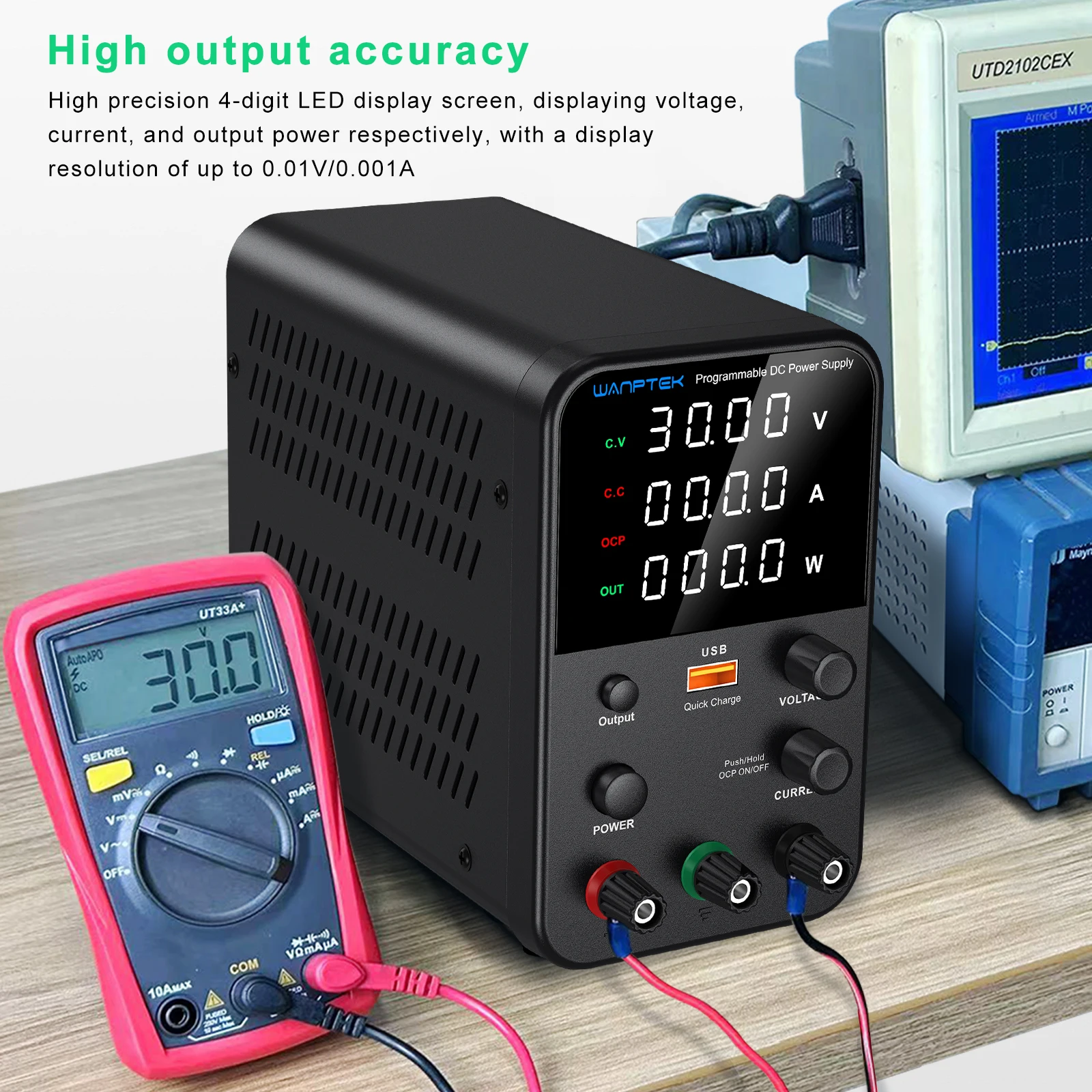 Wanptek 30V 10A Programmable DC Power Supply Adjustable 60V 5A 120V 3A with USB fast Charging Lab Bench Switching Power Supply