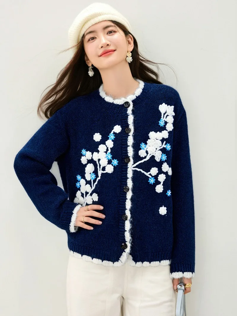 

Винтажный вязаный кардиган с 3D цветочной вышивкой, женский осенне-зимний свободный свитер с круглым вырезом и длинными рукавами, пальто, повседневная верхняя одежда, топы