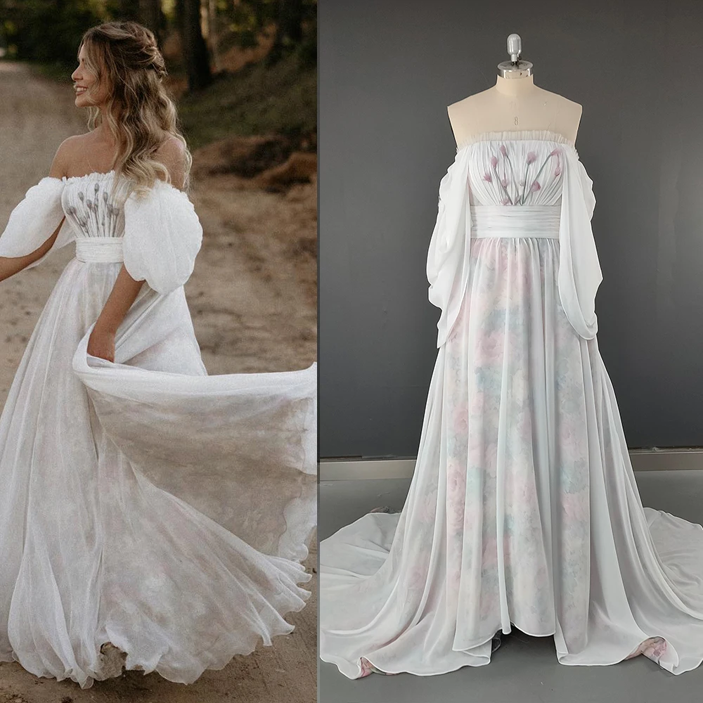 Robe de mariée en mousseline de soie froncée sans bretelles, manches mi-bouffantes, dentelle sur mesure, jardin de plage Boho, patients initiés au décollage, quelle que soit la princesse