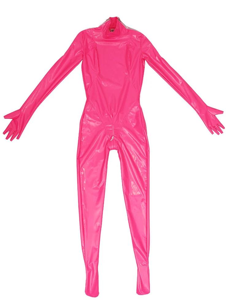 

New In Now Women's Jumpsuit High Elastic Shiny PVC Turtleneck Bodysuit Half Finger Gloves Sexy Zentai Shapewear Zipper Crotch