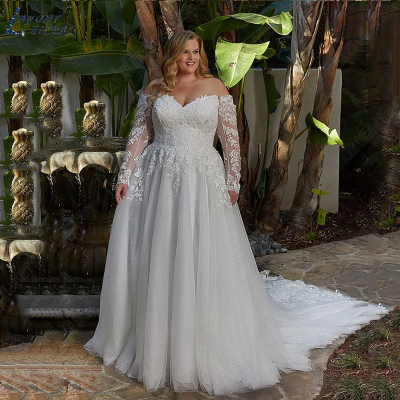 LAYOUT NICEB Vestidos De Casamento Plus Size Mulheres Fora Do Ombro Glitter Mangas Compridas Lace Apliques Vestido De Noiva Vestidos Novias Boda Vestidos de noiva plus size para mulheres sem ombro  Vestidos de noiva co