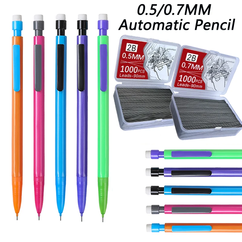 High-quality 5 Color Mechanical Pencil Set With Top Eraser,0.5/0.7mm Lead Filling for Writing School Automatic Pencil Stationery