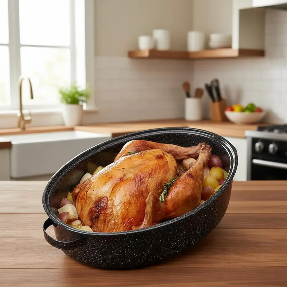 

Эмалированная углеродистая стальная жаровня с крышкой 18 дюймов, диаметр 16 дюймов, вместимость 18 фунтов, высокотемпературная овальная посуда для приготовления пищи