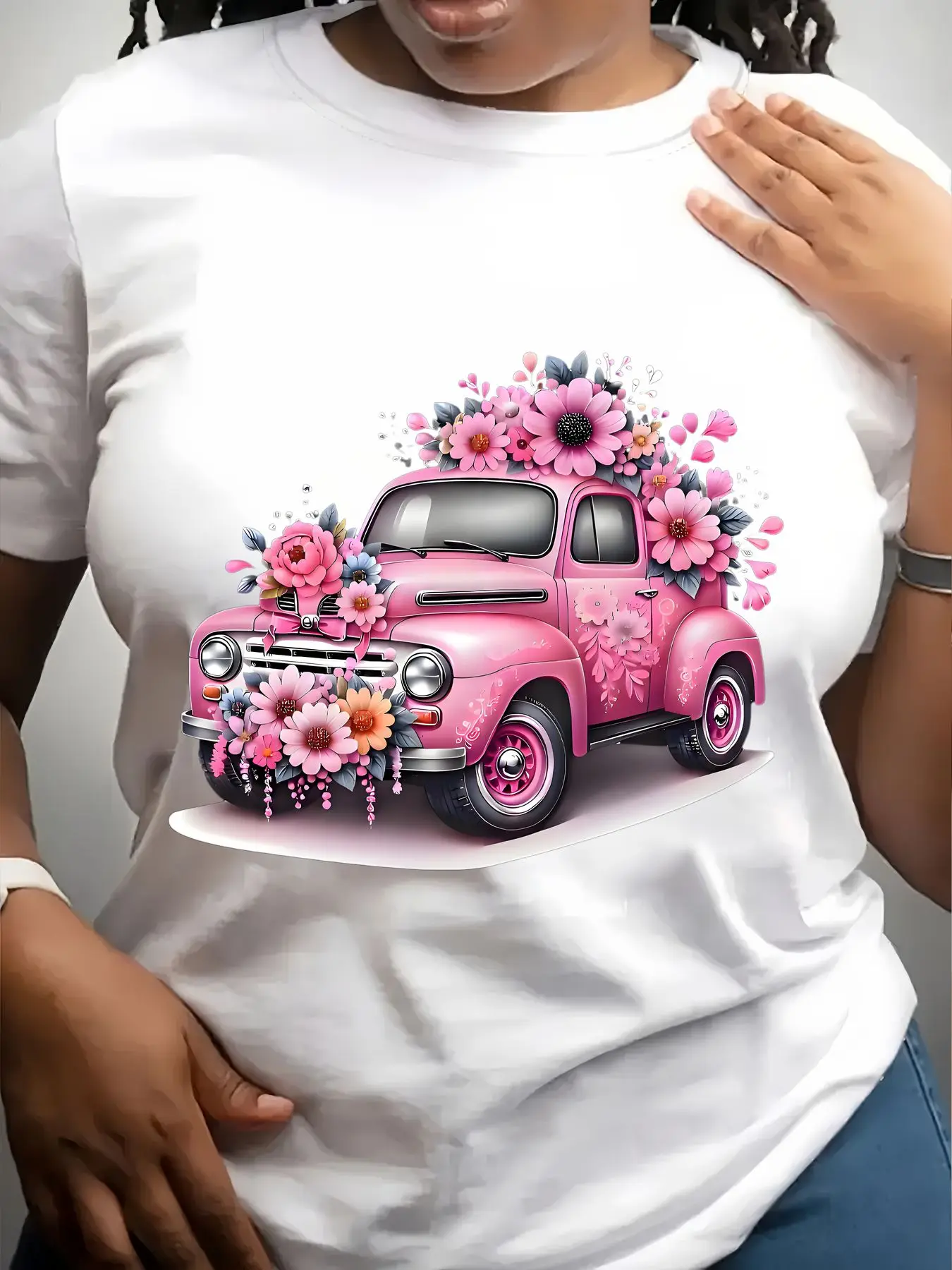 Women's Trendy Crew Neck T-Shirt Pink Truck with Floral Design Suitable for Casual Sportswear