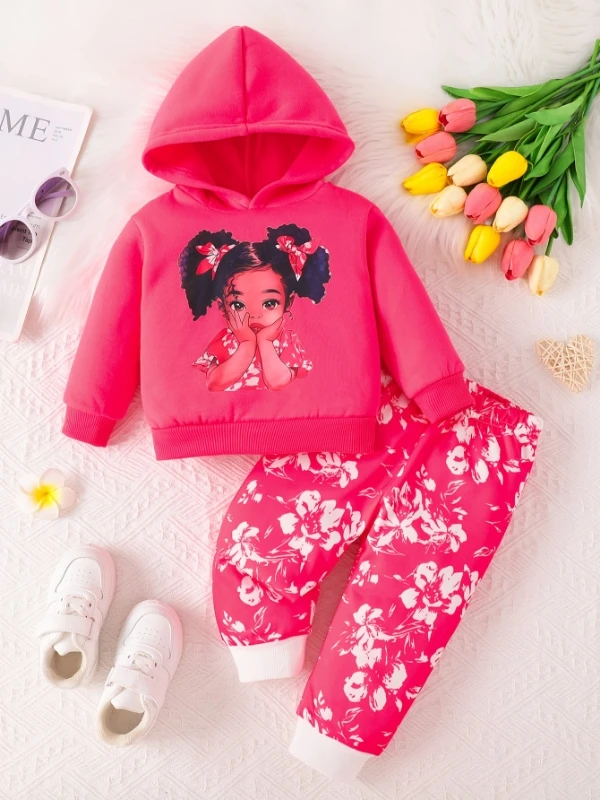 

Весенне-осенняя флисовая толстовка с капюшоном и длинными рукавами с мультяшным принтом головы для маленьких девочек и длинные штаны с цветочным принтом, повседневный комплект из 2 предметов
