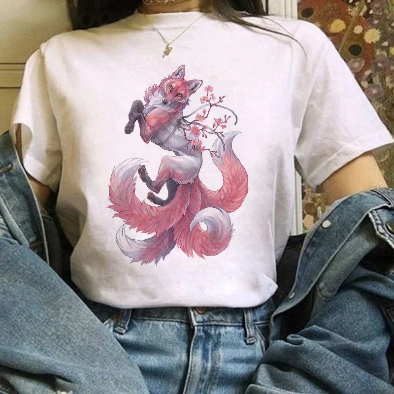 Fox Cartoon Print t shirt Women Harajuku Casual Funny t shirt For Lady Girl Short Sleeve Top Tee Female t shirt Woman Clothing