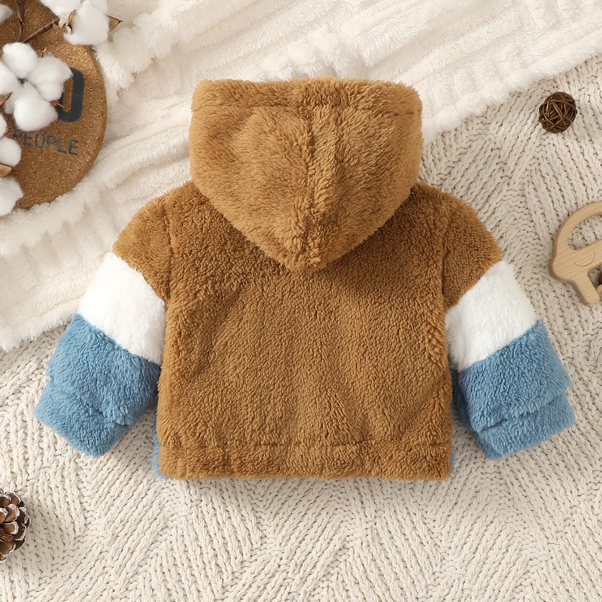 Baby Boy Winter Color Blocked Plush Coat Hood and Warm Zipper Coat for Baby Boys, Suitable for Newborns Aged 0-9 Months