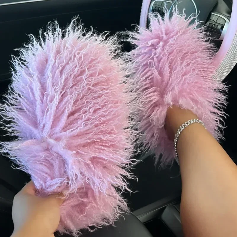 Women's Luxury Fur Slippers Autumn Winter Woman Plus Size Furry Faux Fur Slippers Plush Warm Home Cotton Shoes Indoor Fur Slides