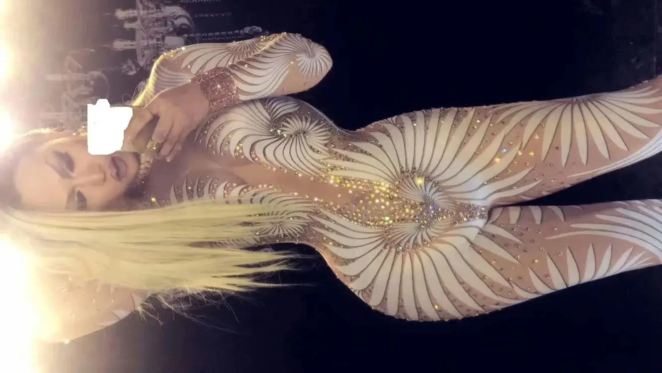 

Сексуальный комбинезон с бриллиантами, женский комбинезон для ночного клуба, белые эластичные колготки с кристаллами, комбинезон для певицы, танцовщицы, боди, танцевальное шоу