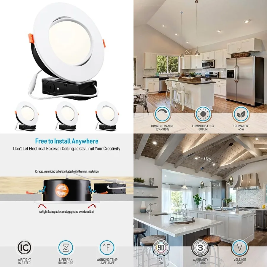 

6 Inch Gimbal LED Recessed Lighting with Junction Box, 13.5W IC Rated Air Tight Directional Swivel Downlight, CRI90+ Dimmable C
