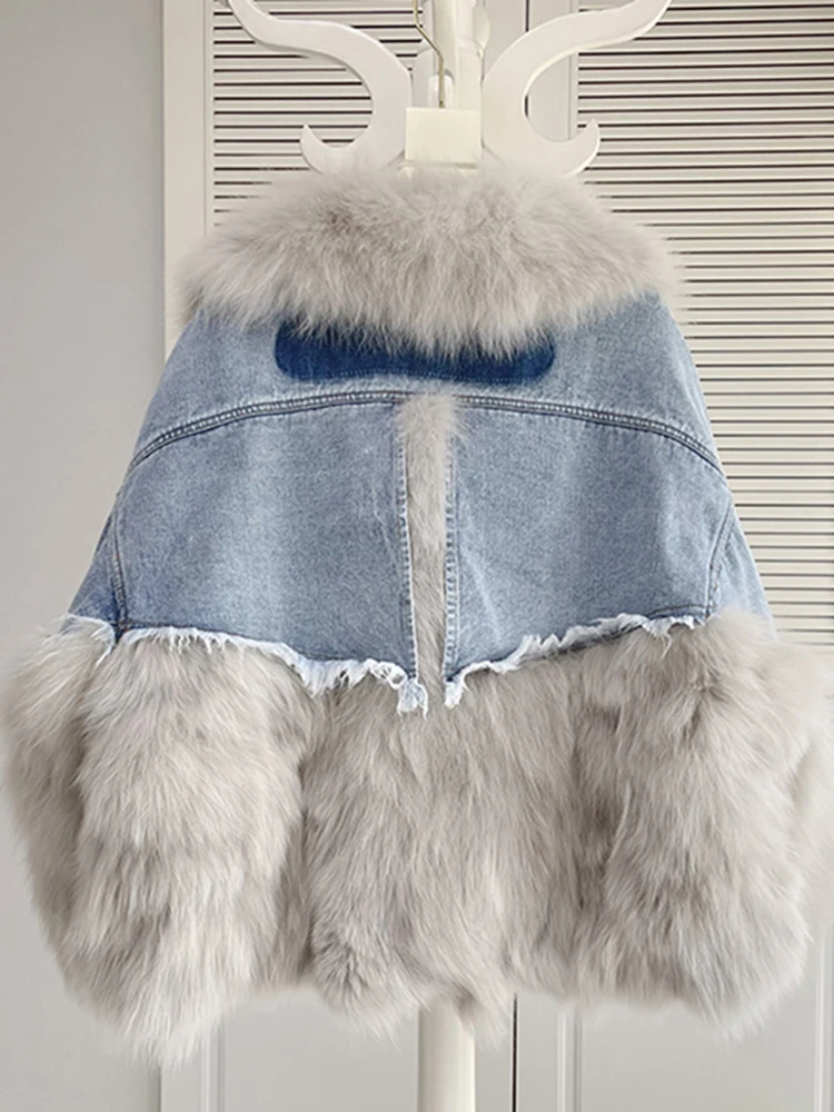 KBAT 2024 Women Winter Denim Jacket Oversize Large Fur Collar Plus Velvet Jacket Detachable Thick Loose Warm Bomber Jean Coat