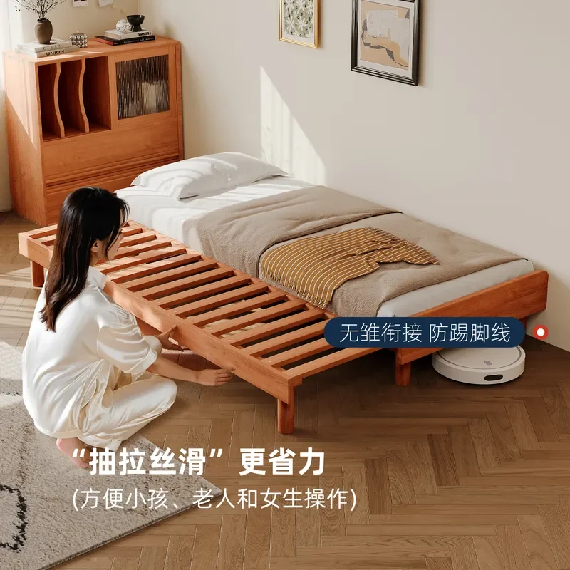 Retractable Solid Wood Bed Frame Push Pull Folding Log Single to Double Bed Splicing Dual Purpose Sofa Bed