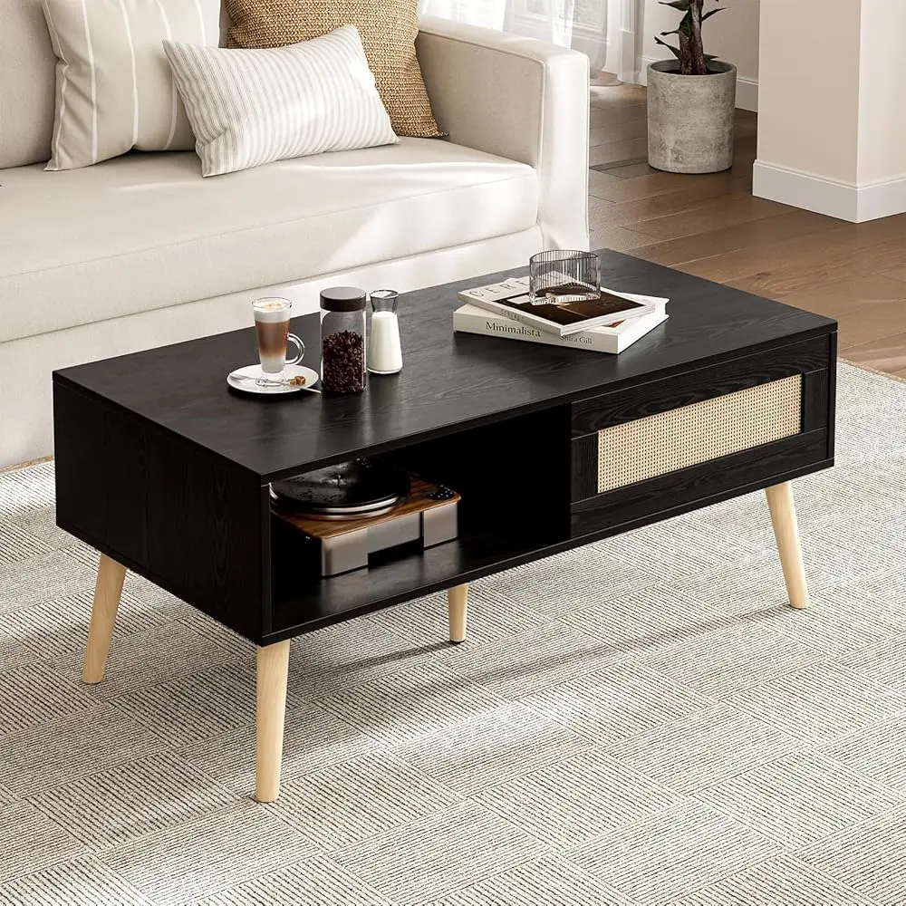 

Coffee Table With Storage, Boho Dining Table With Sliding Rattan Door Panel And Solid Wood Legs, Small Coffee Tables For Living