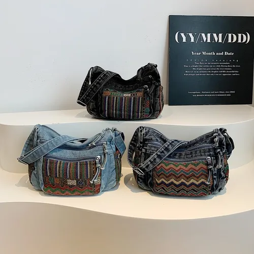 Bolso de mano vaquero de estilo étnico para mujer, bolso bordado 2025, bolso cruzado de gran capacidad, bolso de hombro bohemio para mujer