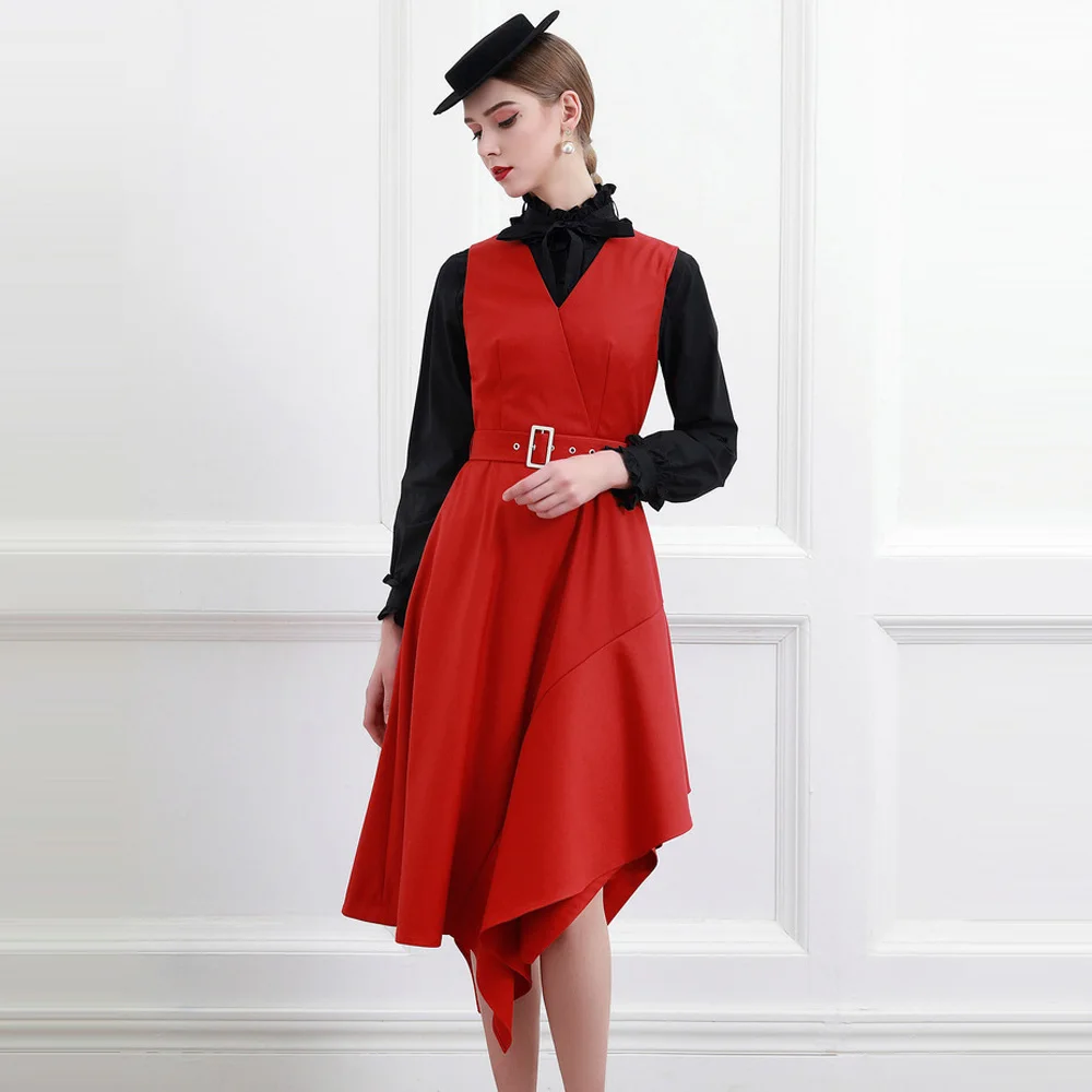 High End Celebrity Temperament Dress Women'S Waist Spring A-Line Red Vest Dress Annual Meeting Dress