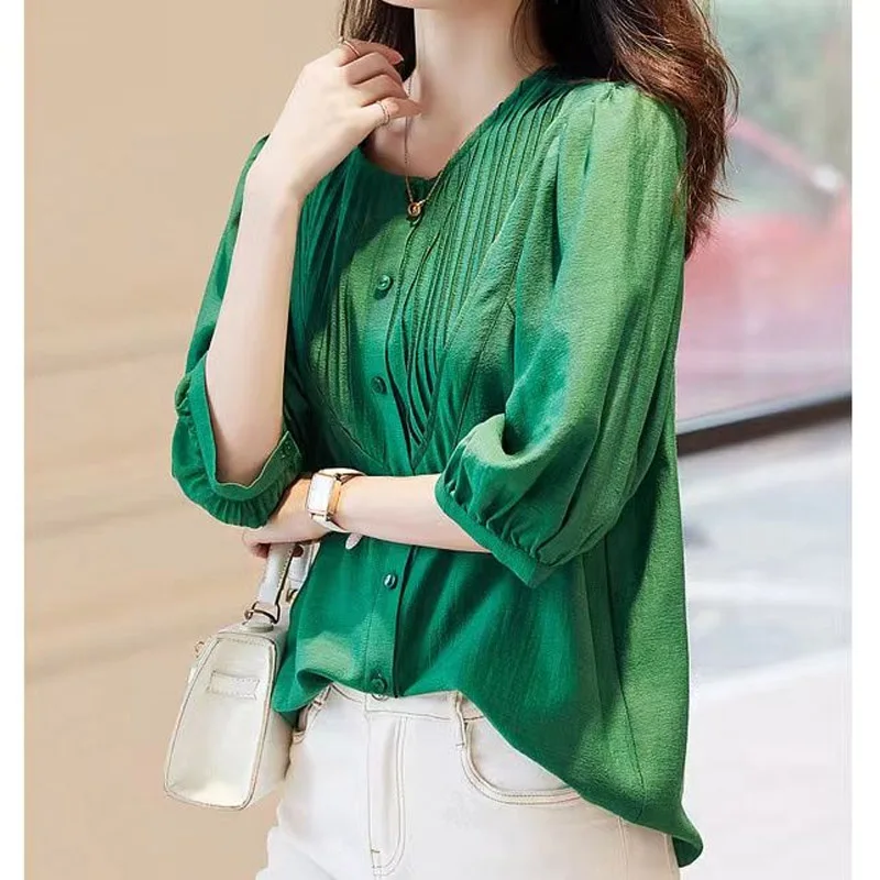 Elegant Fashion Solid Color Pleated Blouse Women Classic Half Sleeve Summer Single-breasted O-collar All-match Lady Shirt