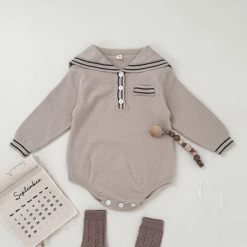 ربيع جديد 2026 ملابس أطفال 0-24 متر للأطفال الرضع والأولاد والبنات بياقة بحرية وأكمام طويلة بدلة محبوكة لحديثي الولادة #4