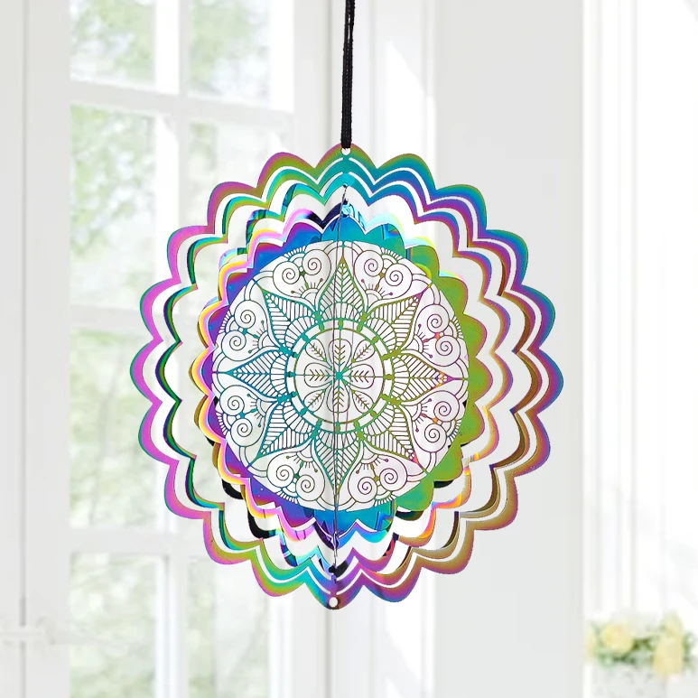 Mandala Gradient Color Wind Spinner Hanging 3D Visual Effects Wind Chime, Stainless Steel Mirror, Reflective Bird Repeller, 10cm